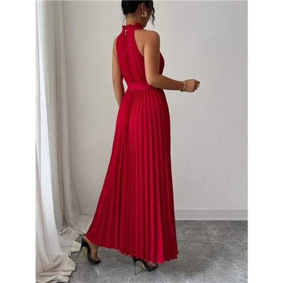 Pleated Halter Neck Tie Waist Maxi Dress - Picture 2 of 8